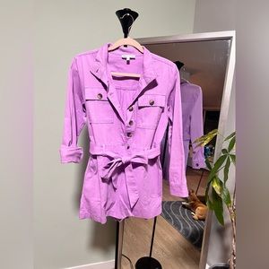 EXPRESS x ROCKY BARNES Womens BUTTON FRONT TIE WAIST TWILL ROMPER purple - XS